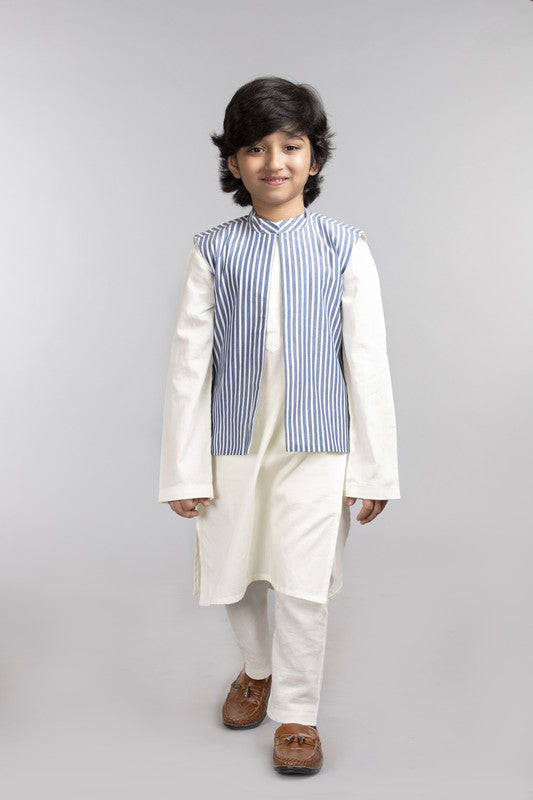 3Pcs Ivory Kurta Set with Blue Stripe Waist Coat