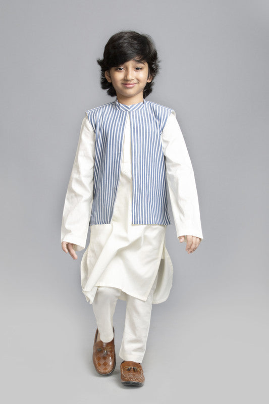 3Pcs Ivory Kurta Set with Blue Stripe Waist Coat