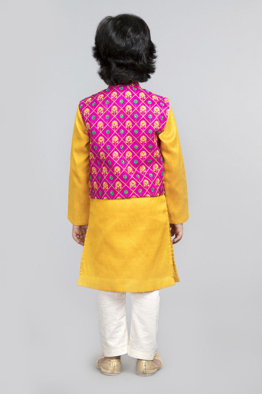 3Pcs Yellow Kurta Set with Pink Waist Coat