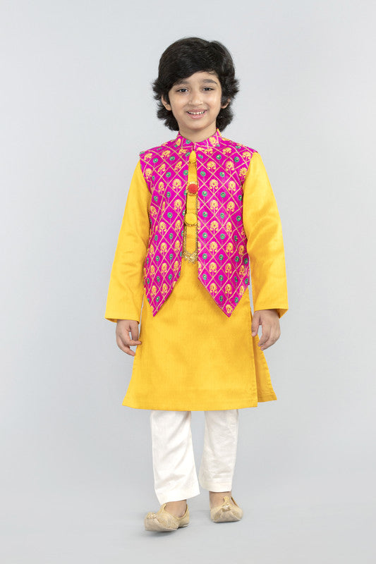 3Pcs Yellow Kurta Set with Pink Waist Coat