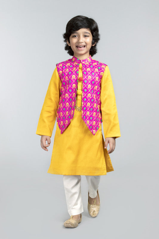 3Pcs Yellow Kurta Set with Pink Waist Coat