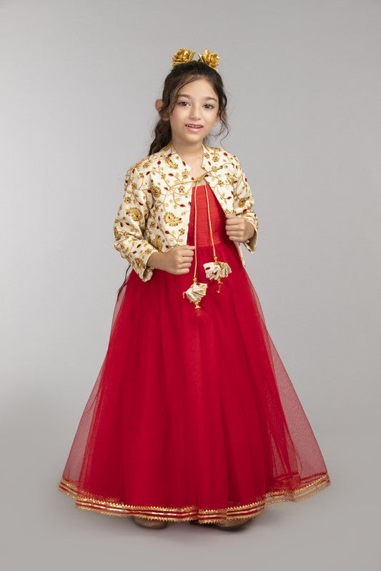 Red dress with Embroided Shrug