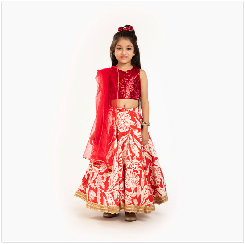 3Pcs Red Floral Lehenga Set