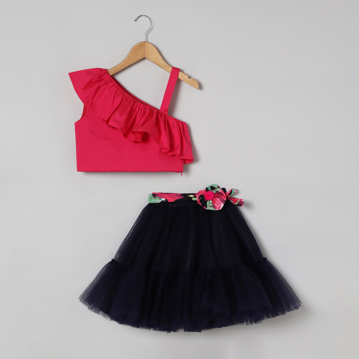 One Shoulder Strap Top Set with Tulle Skirt