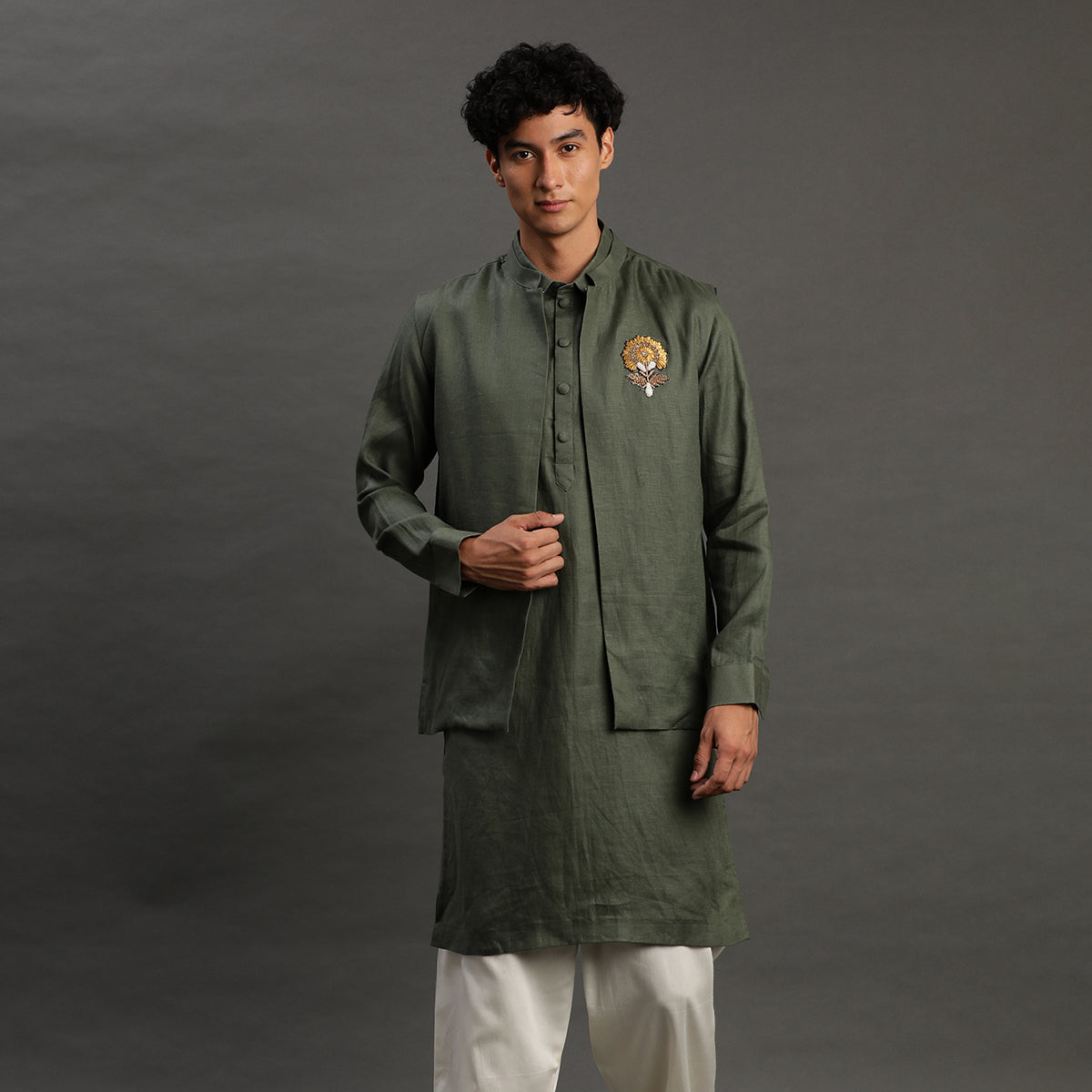 3Pcs Olive Linen Kurta Set