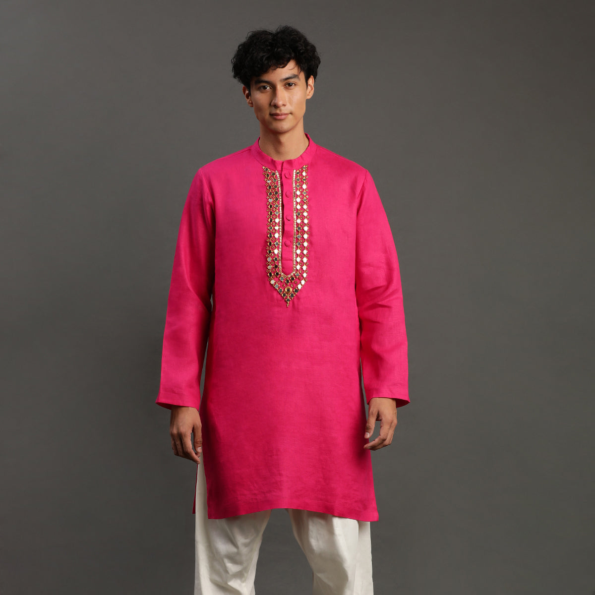 2Pcs Fuschia Linen Kurta Set