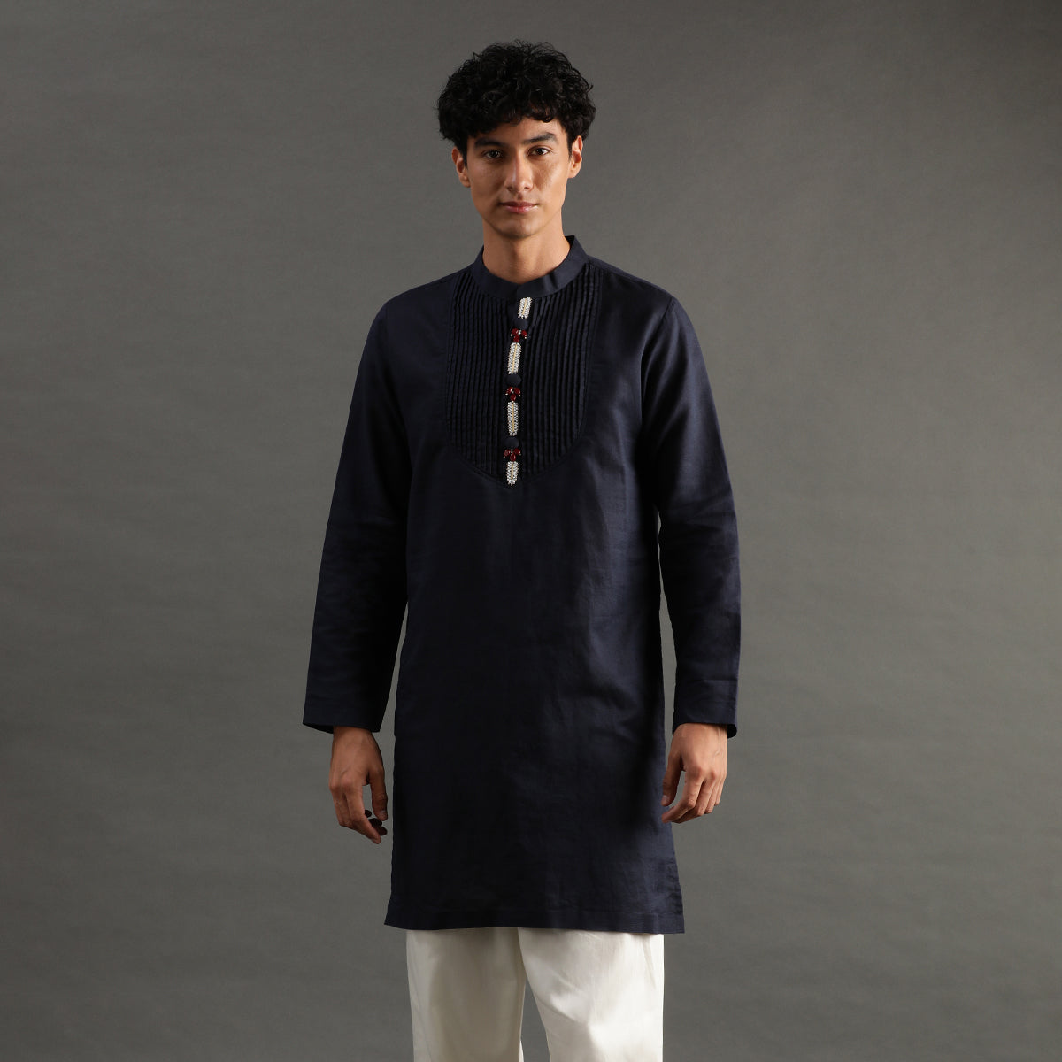 2Pcs Navy Linen Kurta Set