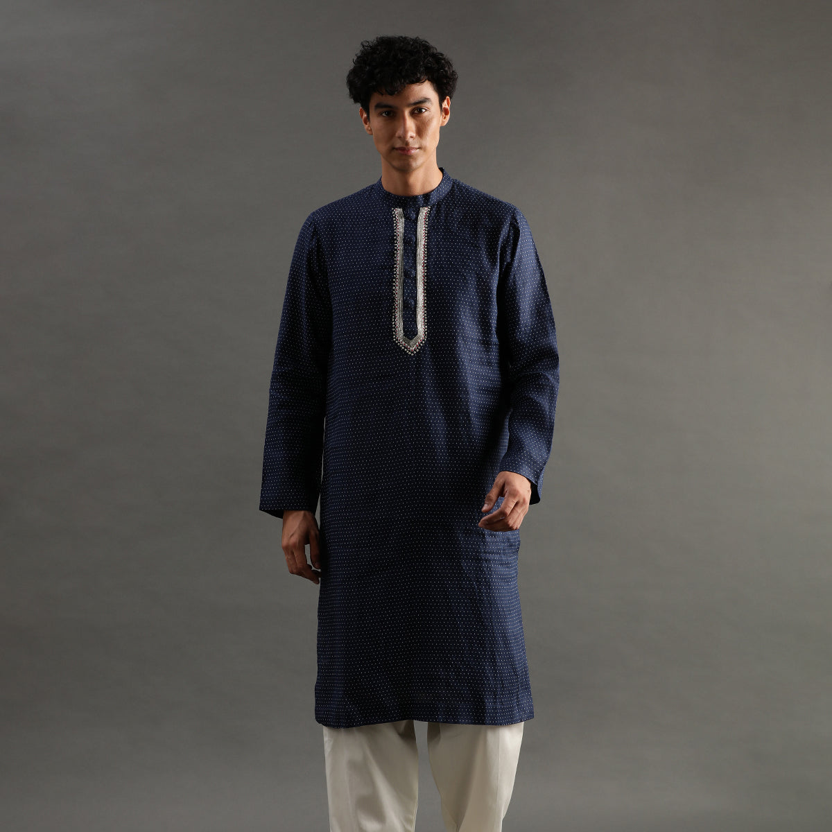 2Pcs Polka Dot Navy Linen Kurta Set