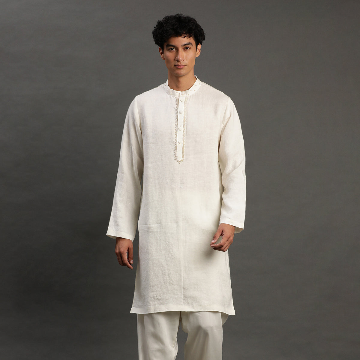 2Pcs White Linen Kurta Set