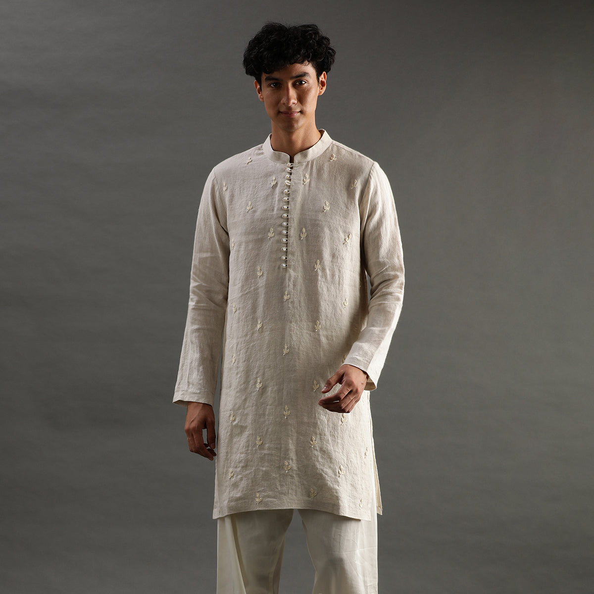 2Pcs Beige Linen Kurta with Hand Embroidery Set