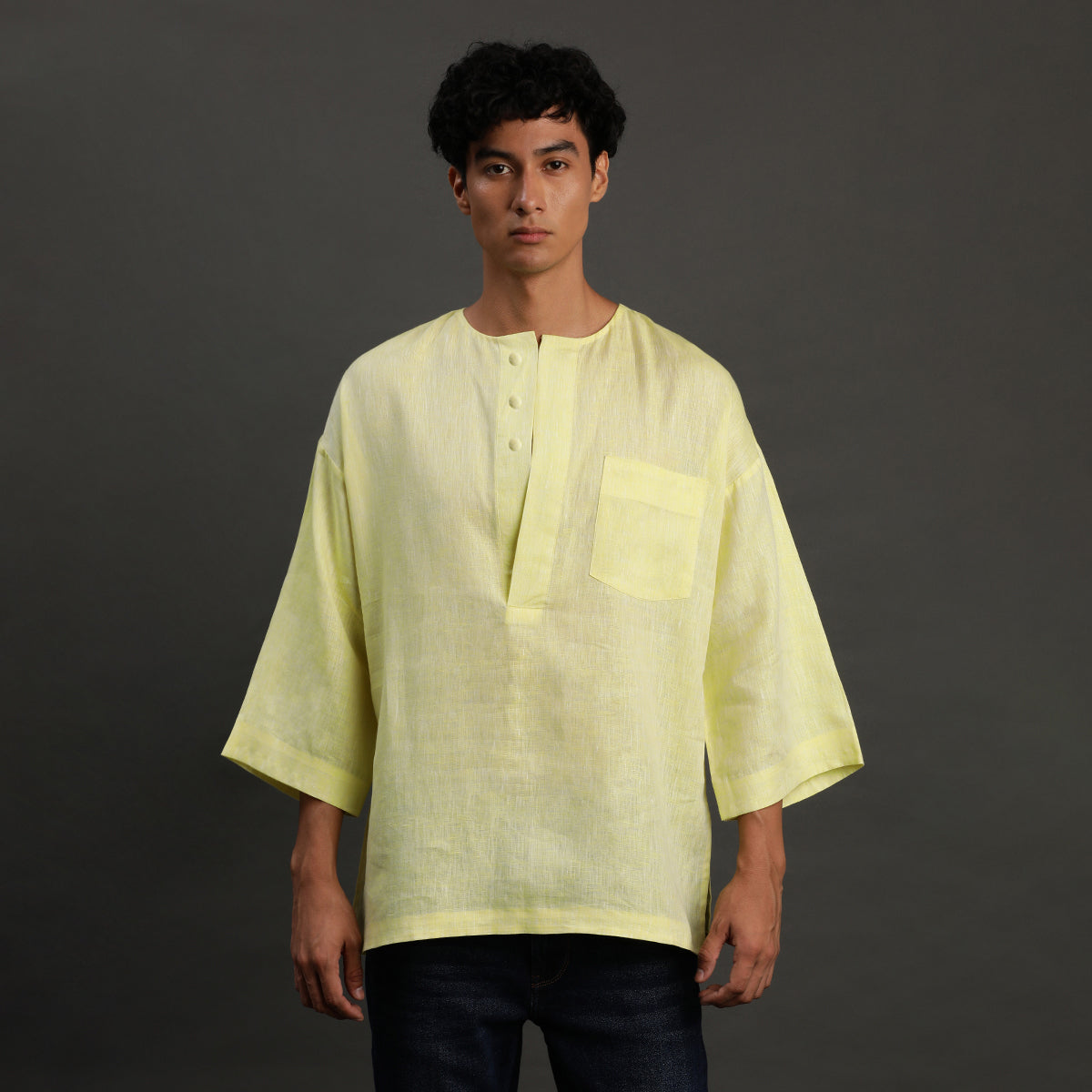 1Pc Lime Linen Drop Shoulder Short Kurta