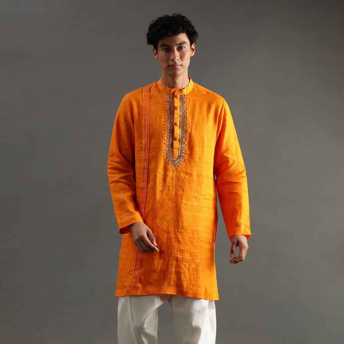 2Pcs Orange Linen Kurta Set