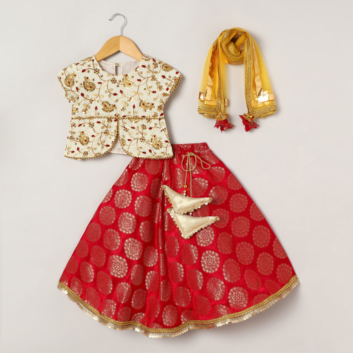 3Pcs White and Red Embroided Lehenga Set