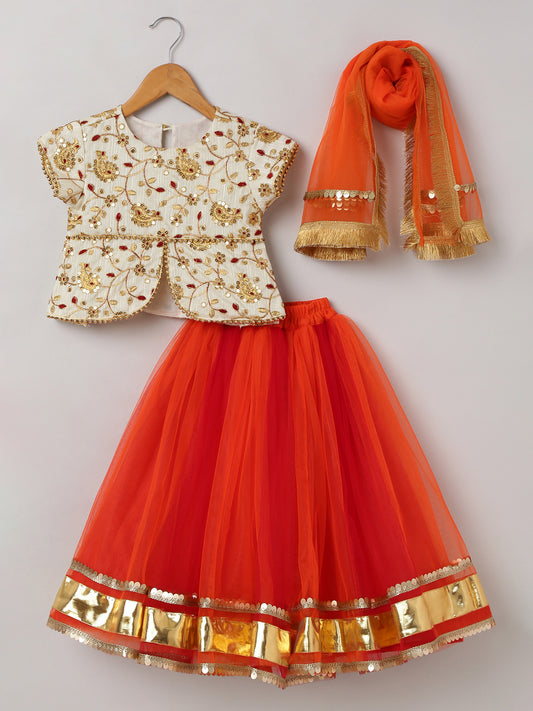 3Pcs White and Orange Embroided Lehenga Set