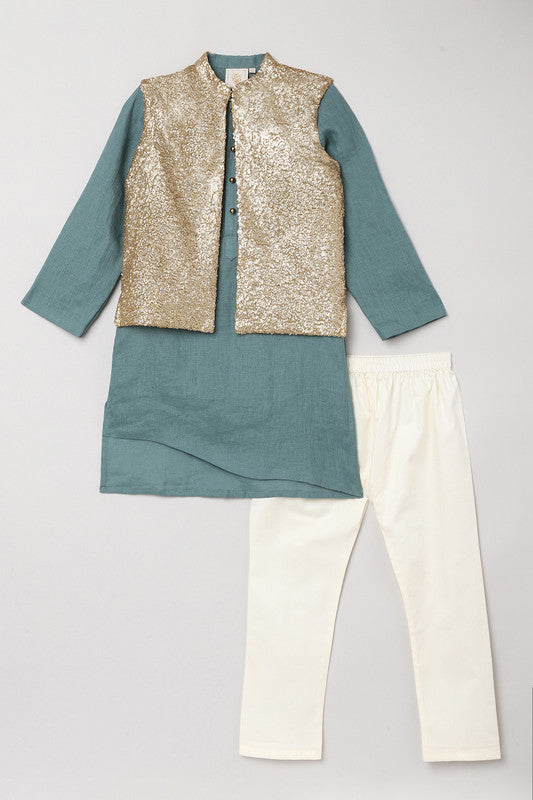 3Pcs Sea Green Kurta Set with sequence waistcoat