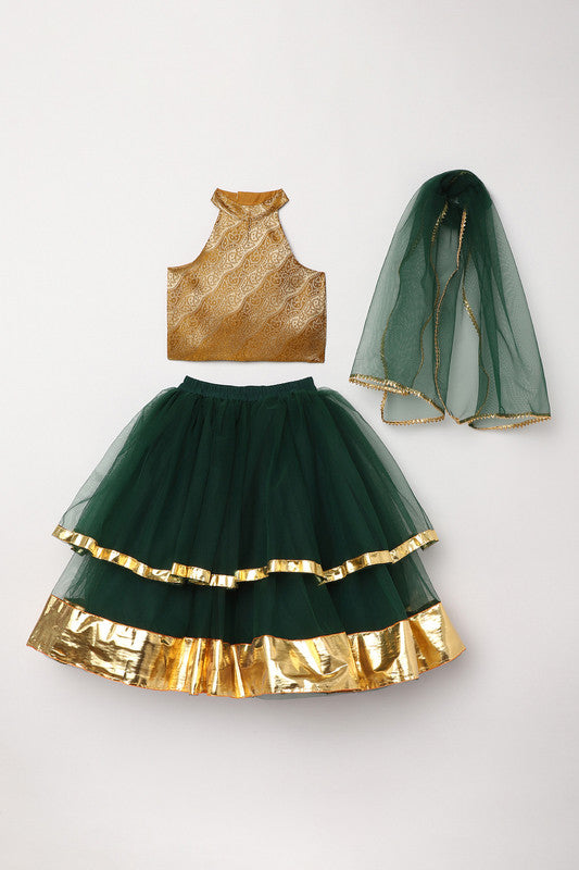 3Pcs Green and Gold Lehenga Set