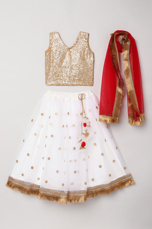 3Pcs White and Gold Lehenga Set