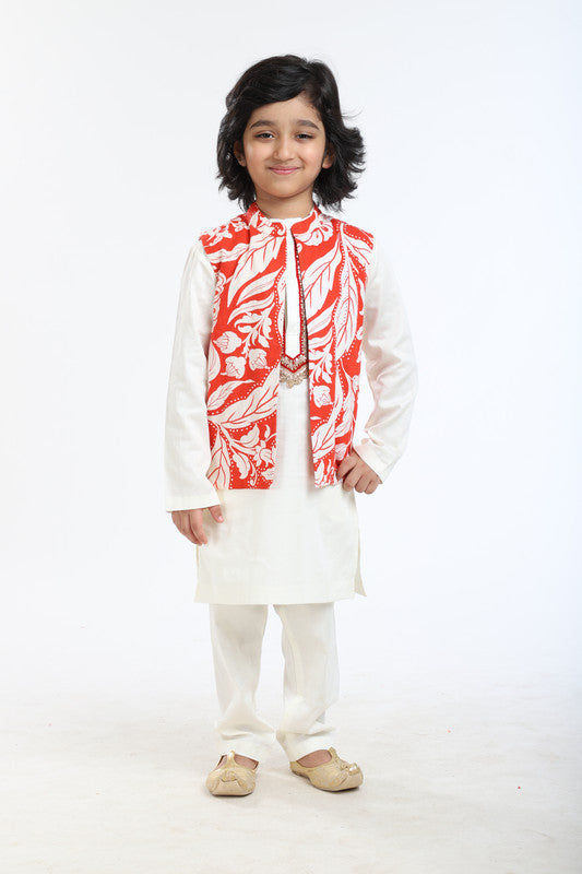 3Pcs White Linen Kurta Set with Waistcoat