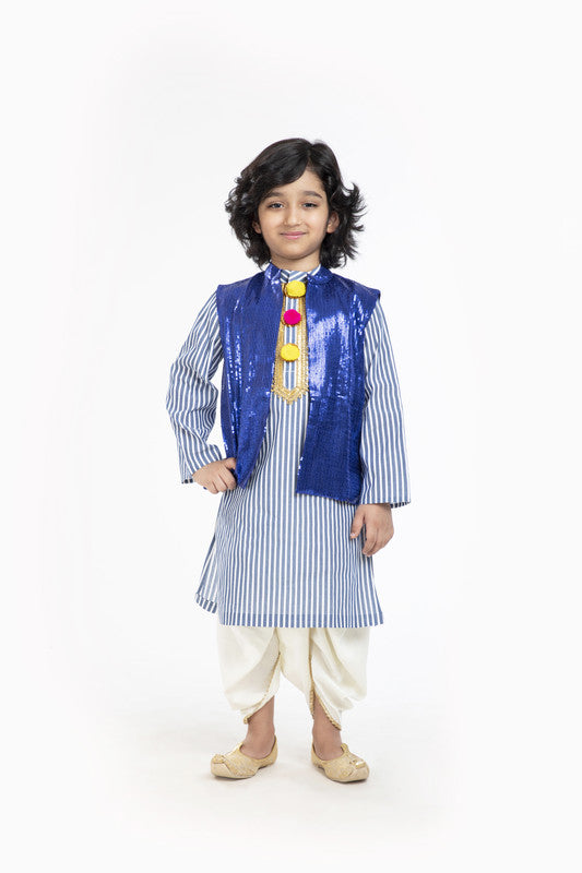 3Pcs Blue Stripe Kurta Set with Waistcoat