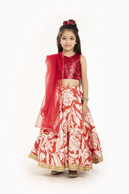 3Pcs Red Floral Lehenga Set