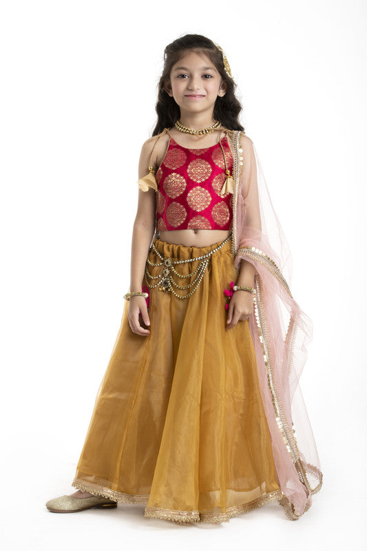 3Pcs Gold and Red Lehenga Set