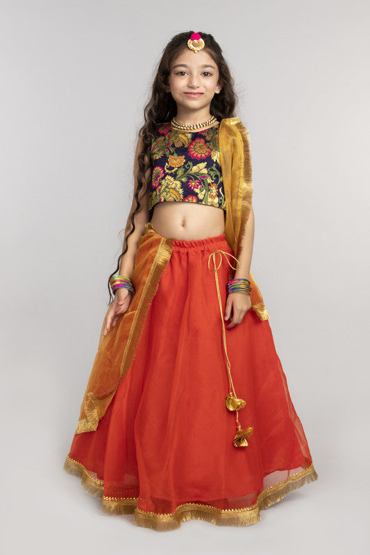 3Pcs Navy and Orange Lehenga Set