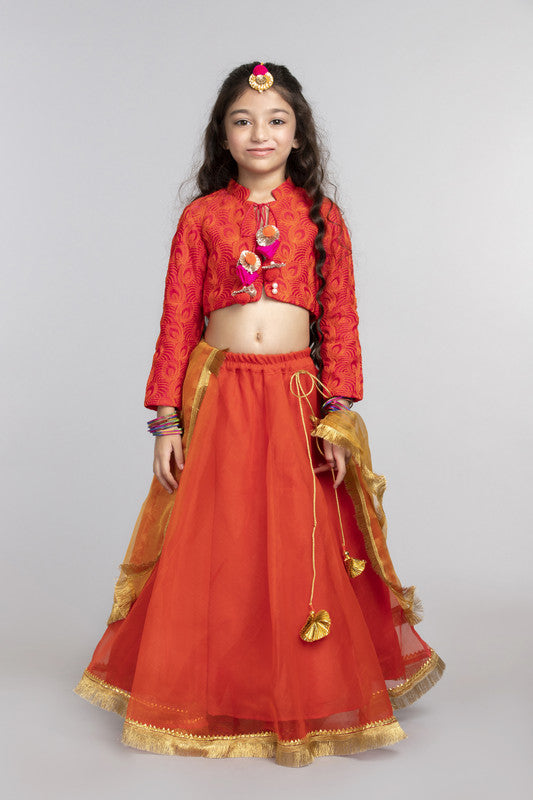 3Pcs Orange Lehenga Set with Gold Dupatta