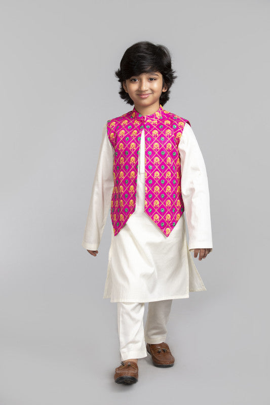 3Pcs Ivory Kurta Set with Pink Waist Coat